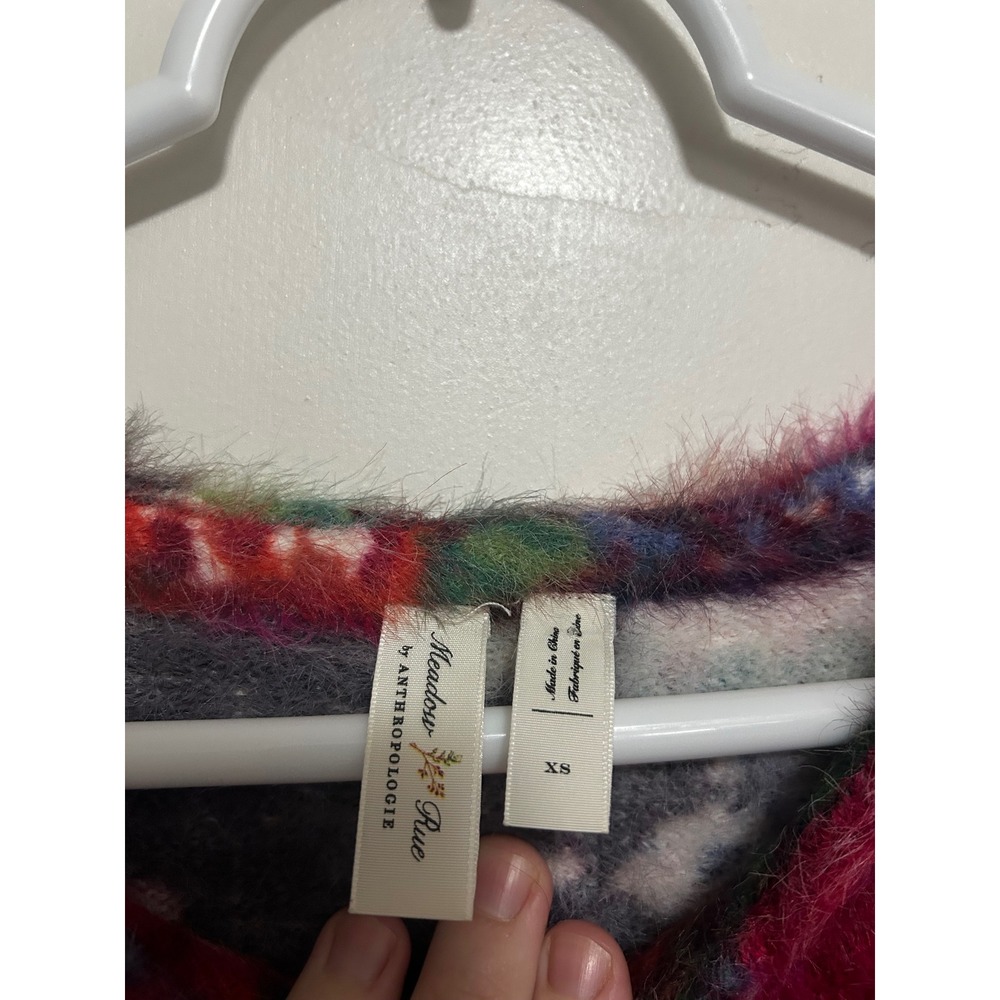 Meadow Rue Anthropologie Ariel Floral Eyelash Knit Fuzzy Sweater Grey Pink XS - Picture 4 of 7